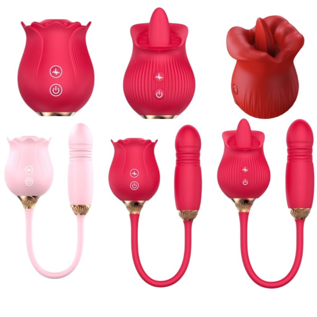 A variety of rose-shaped clitoral vibrators are on display, including different styles in red and pink, with single-head, double-head, and petal-shaped designs. Some have pull rings. These are adult female sex toys.