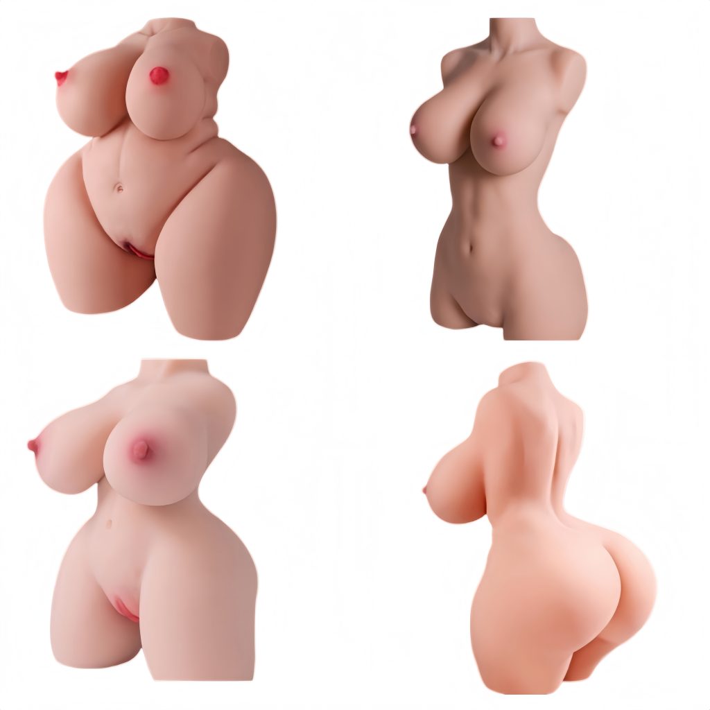 Inflatable/solid silicone half-body sex doll torso display, presented from multiple angles including front and back, including details of the chest and buttocks, adult male masturbation device.