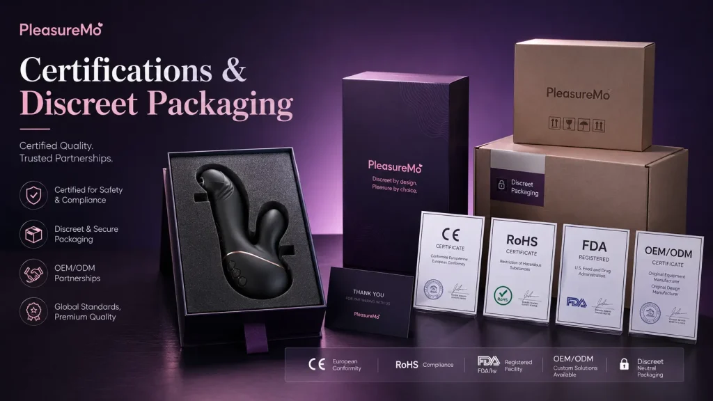Adult toy certifications and discreet packaging display with CE, RoHS, FDA, OEM ODM and neutral wholesale packaging