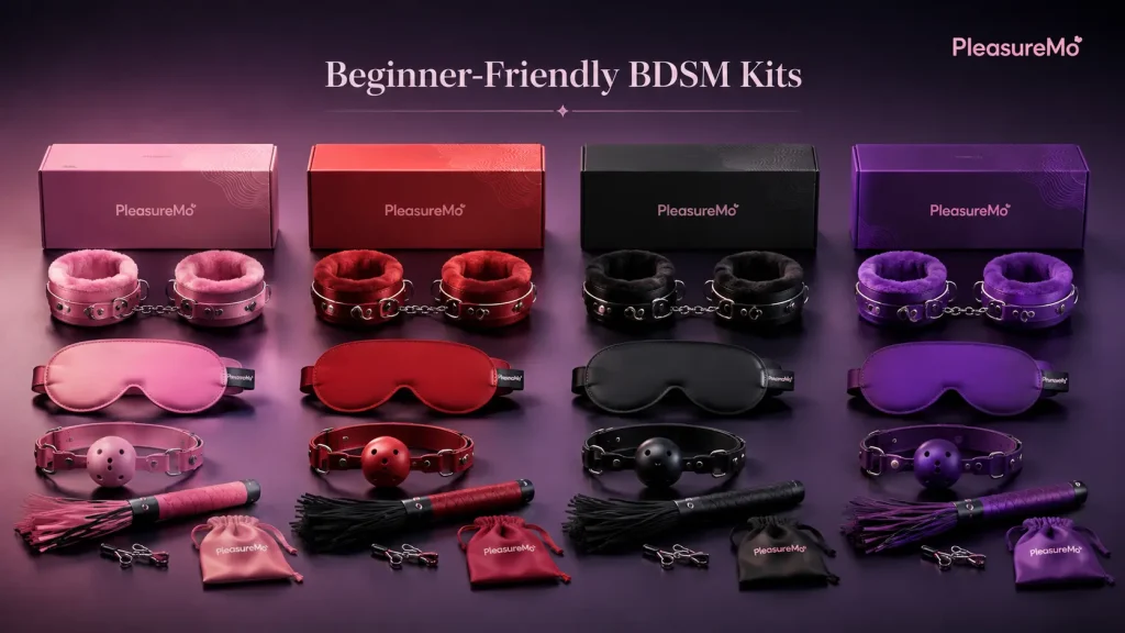 Beginner-friendly BDSM bondage kits in pink, red, black and purple with blindfolds, cuffs, ball gags and mini whips