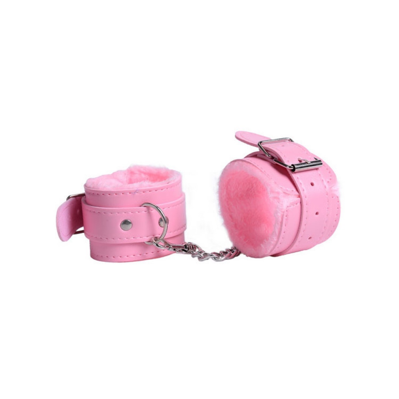Pink fluffy handcuffs close-up detail