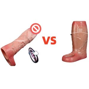 Electric vs traditional penis sleeve comparison showing remote control model and large realistic extender