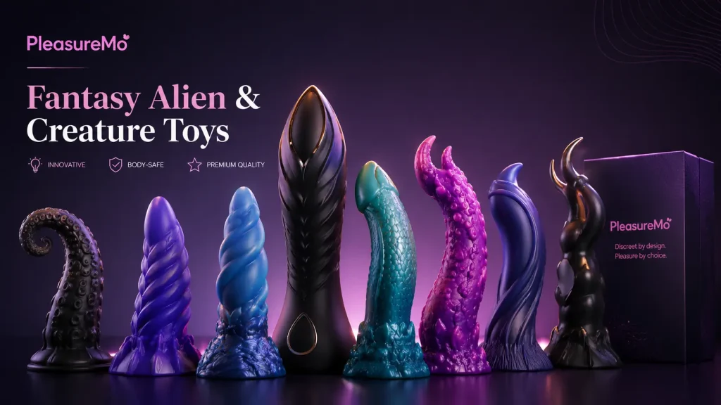 Fantasy alien and creature-inspired adult toys in multiple colors with unique textures and premium silicone designs