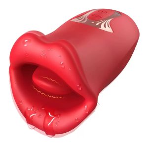 Realistic red licking sucking mouth vibrator close-up view showing detailed lips and tongue