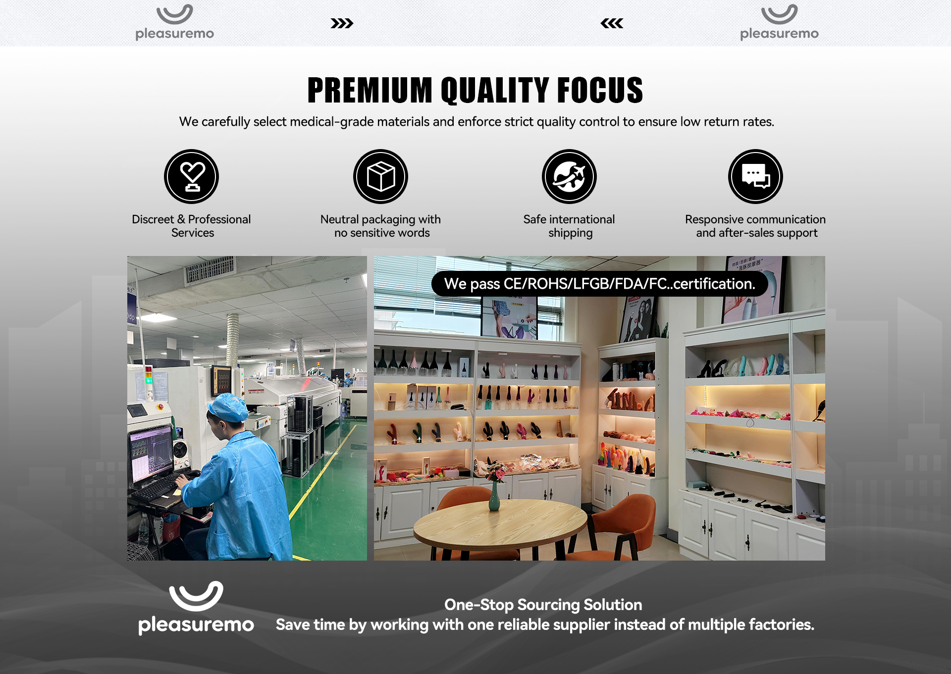 PleasureMo premium quality focus - medical grade materials, strict quality control, discreet packaging, safe shipping and responsive support