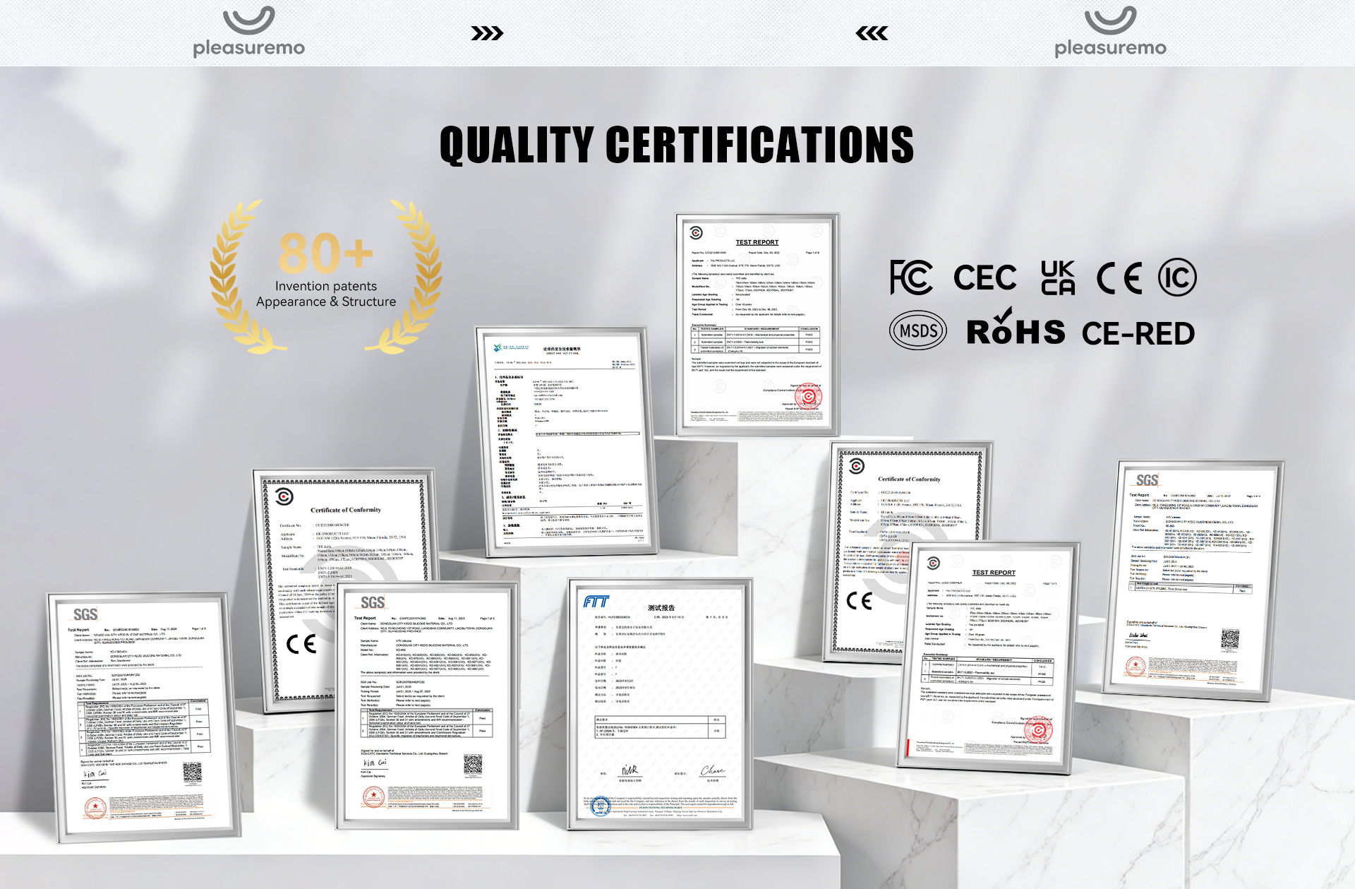 PleasureMo quality certifications including CE, RoHS, FDA, FC, SGS and over 80 invention patents for adult products