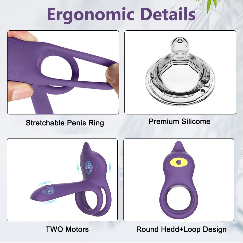 Ergonomic details of remote control prostate massager with cock ring showing stretchable ring and motors