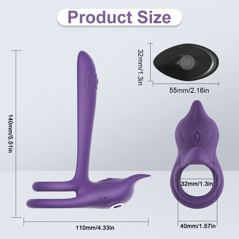 Remote control prostate massager with cock ring detailed size dimensions chart