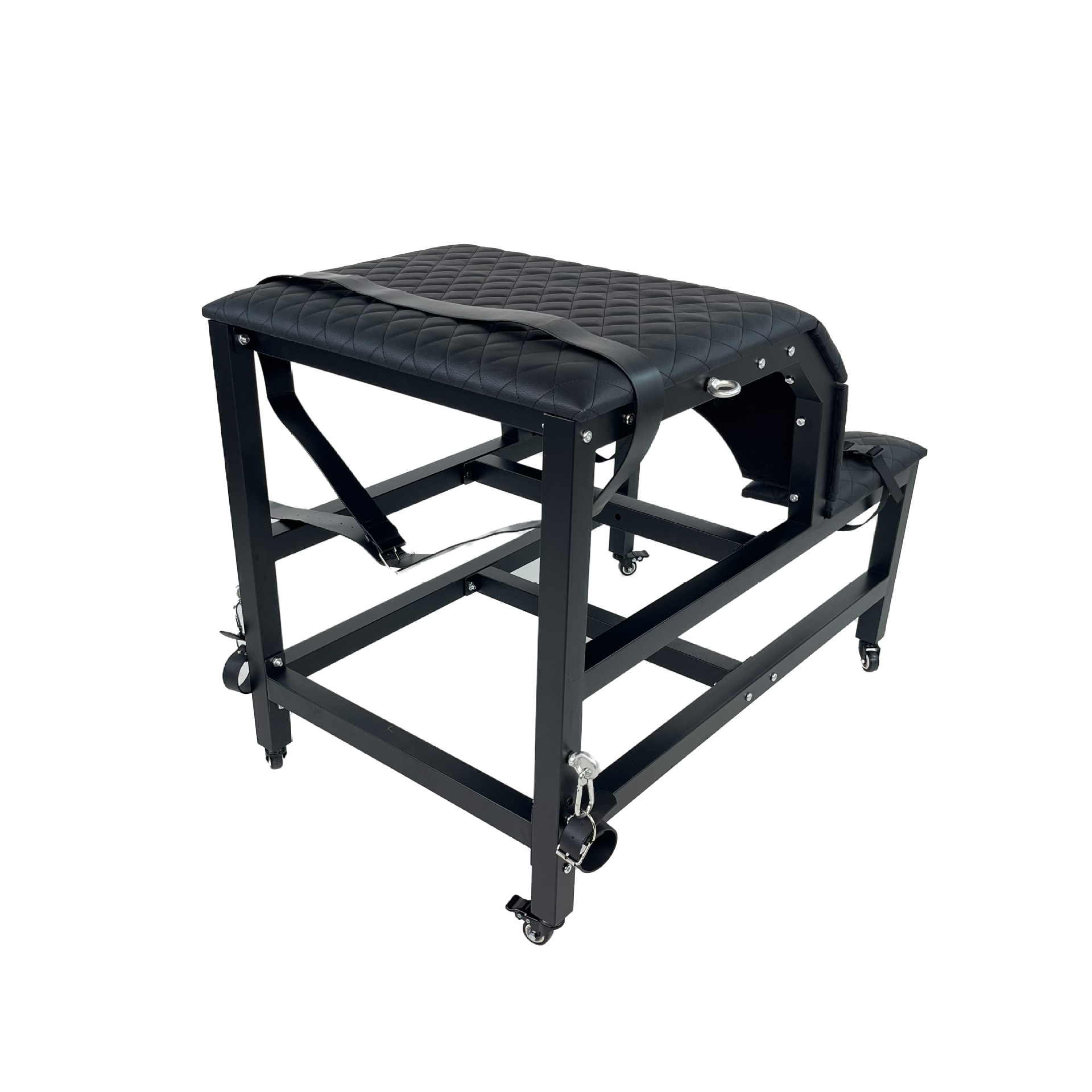 Angle view of the SM6121 BDSM restraint chair in black