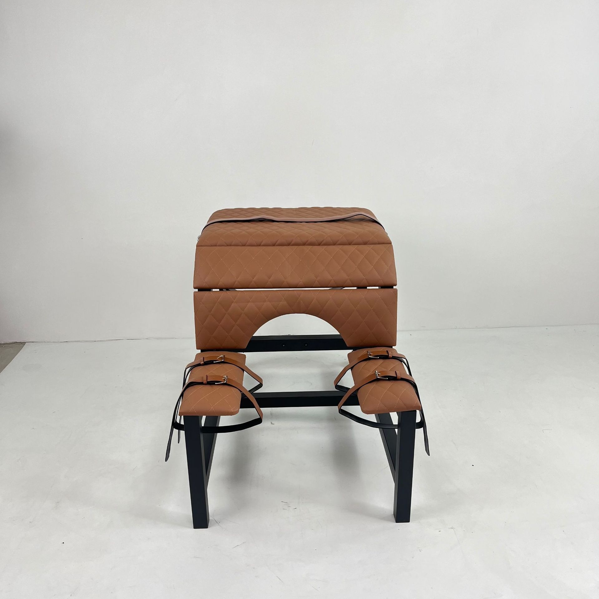 Front view of the SM6121 BDSM restraint chair in brown