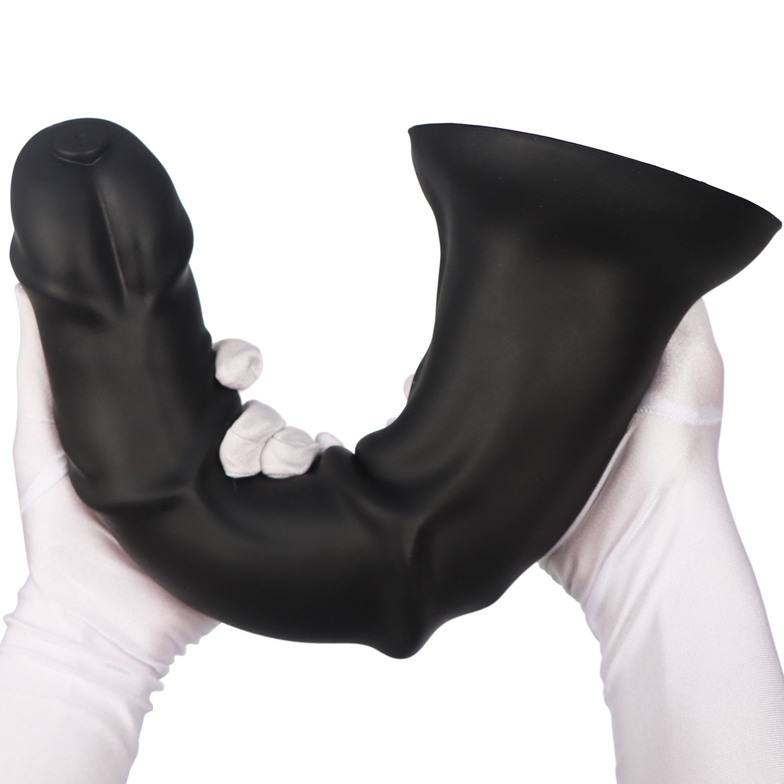 Flexible large horse dildo with suction cup base held by hand