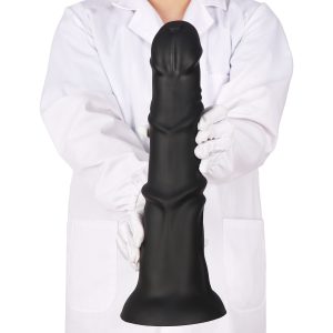 Person in white coat holding large horse dildo to show massive size