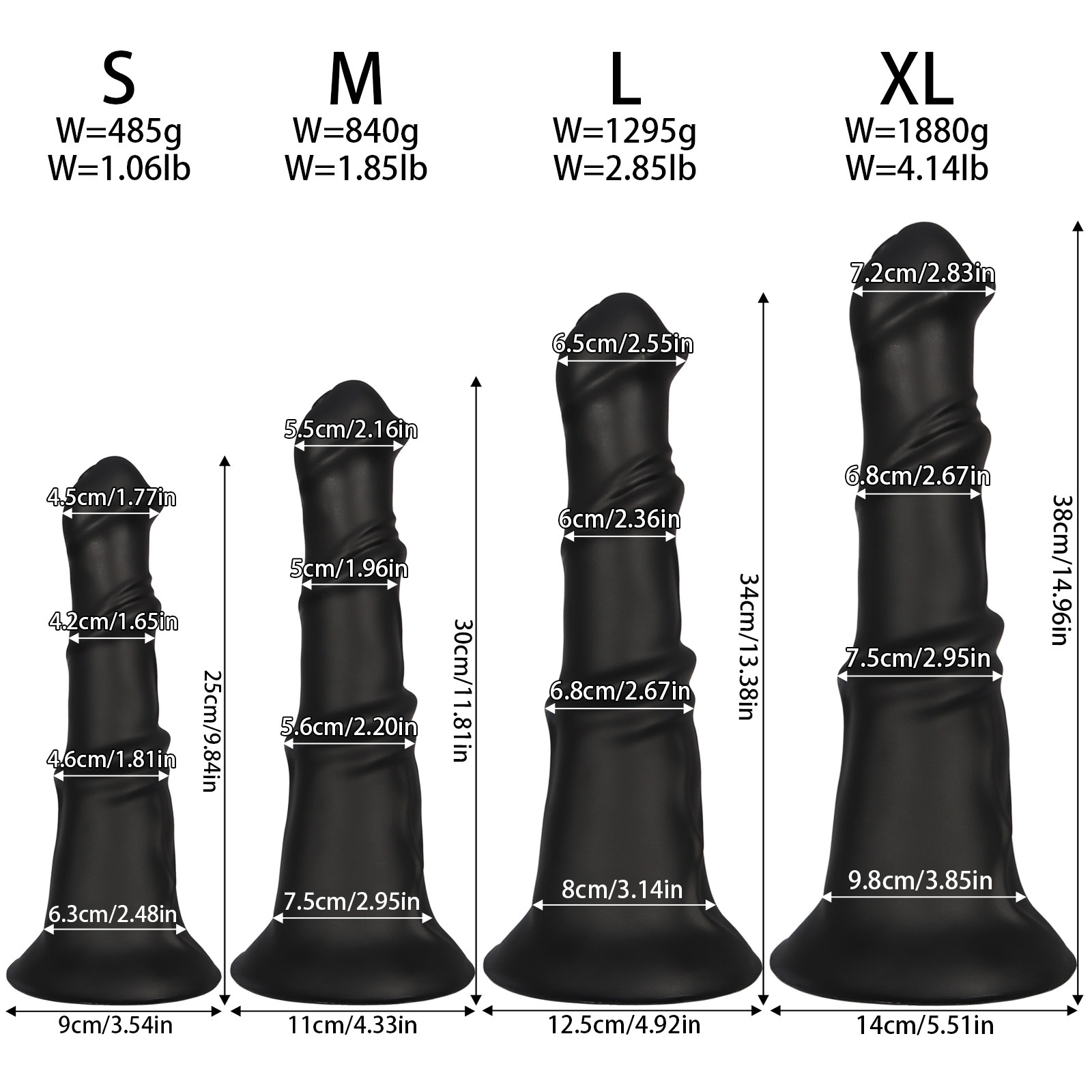 Horse dildo S M L XL size comparison chart with dimensions and weights