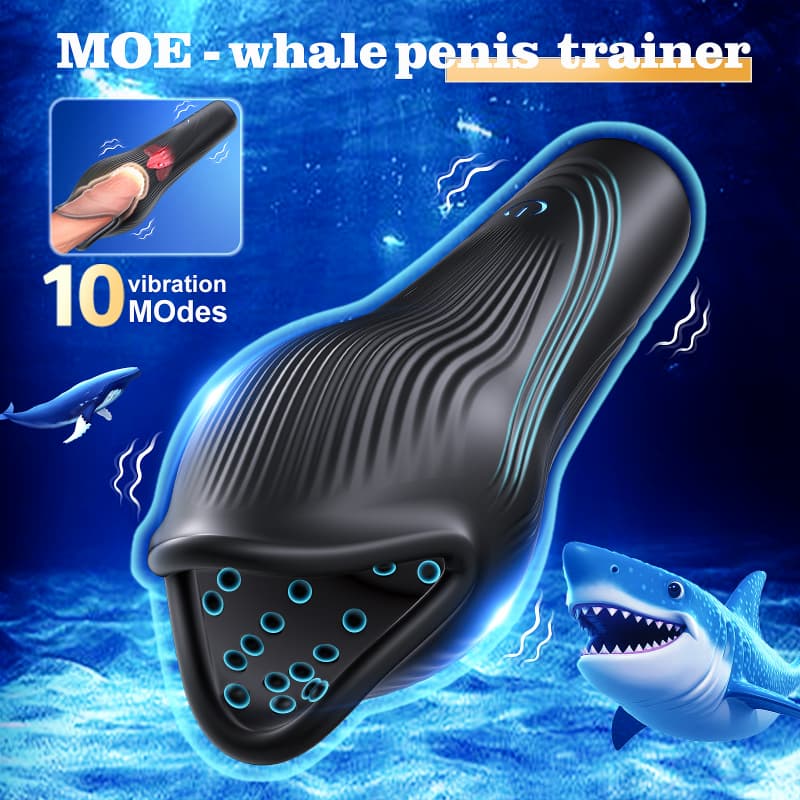 MOE whale penis trainer feature banner showing 10 vibration modes and ocean theme