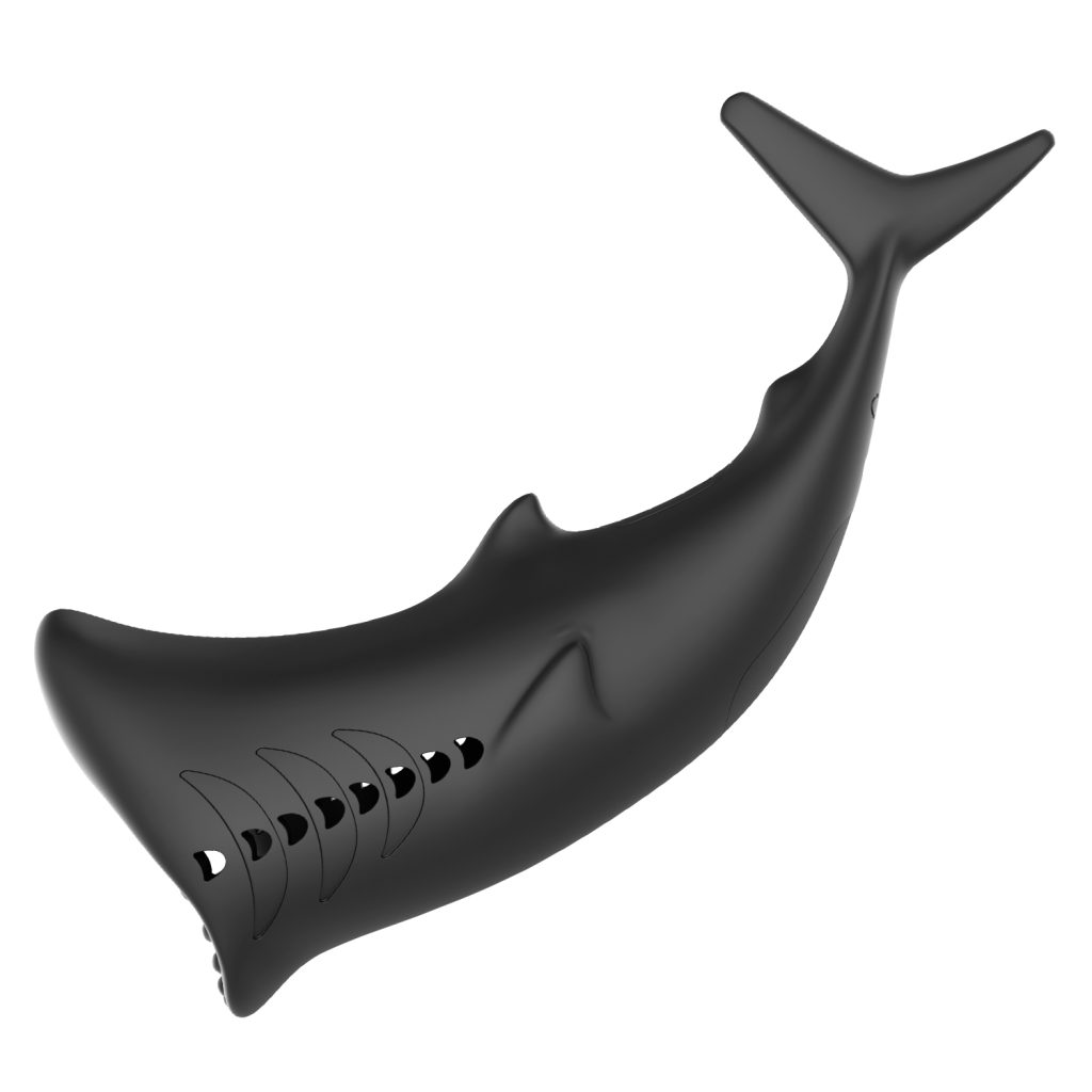 Isolated side profile view of the black shark penis trainer on a white background
