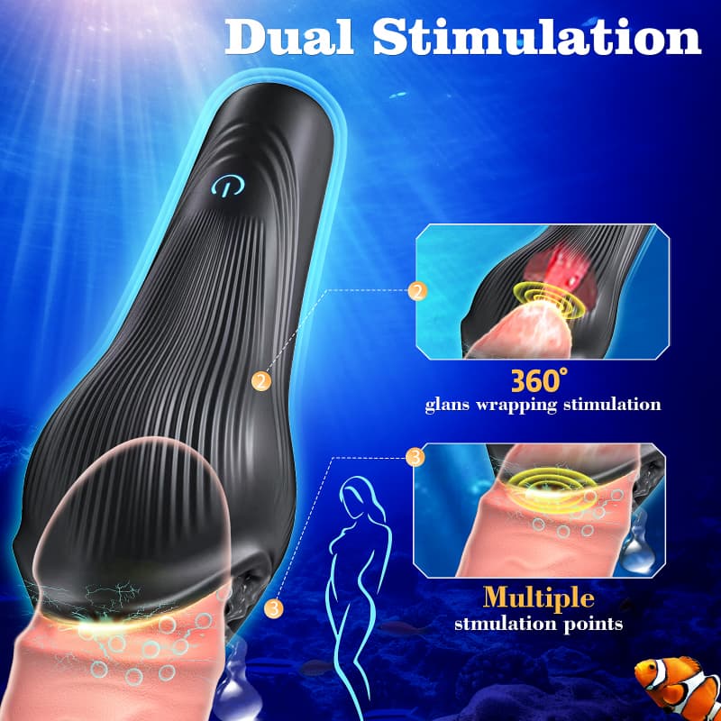 Graphic demonstrating 360-degree glans wrapping and dual stimulation points of the whale penis trainer