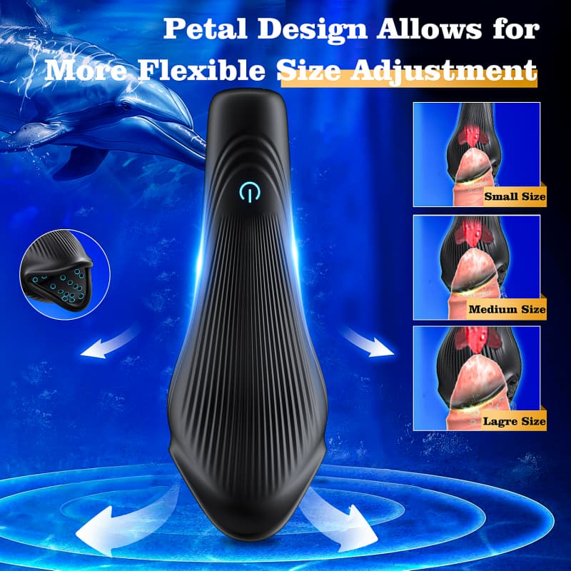 Petal design feature showing flexible size adjustment for small, medium, and large fit on the whale penis trainer